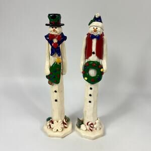 Pair Tall Pencil Holiday Snowman Figurines Brush Tree Base Christmas Decor
